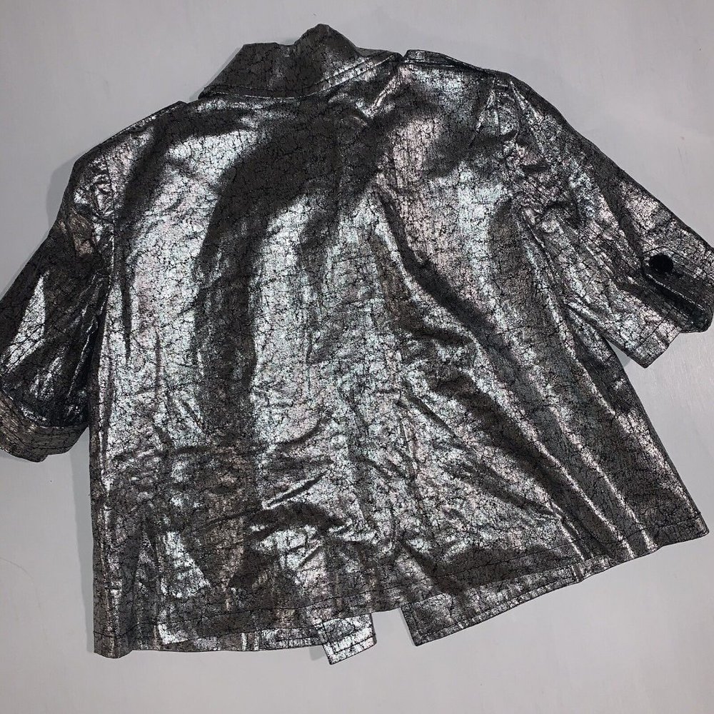 GRYPHON SILVER FOIL BLACK COVERED CROPPED SWING LINEN JACKET Sz M #191 - Picture 7 of 7